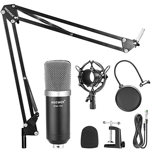 Professional Studio Broadcasting, Podcasting and Recording Condenser Microphone & Adjustable Recording Microphone Suspension Scissor Arm Stand with Shock Mount and Mounting Clamp Kit