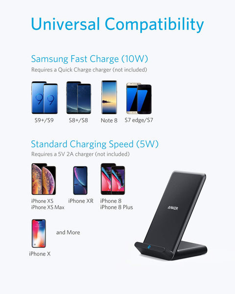 Anker Wireless Charger PowerWave Stand, Qi-Certified for iPhone 11, 11 Pro, 11 Pro Max, XR, Xs Max, XS, X, 8, 8 Plus, 10W Fast-Charging Galaxy S10 S9 S8, Note 10 Note 9 and More (No AC Adapter)