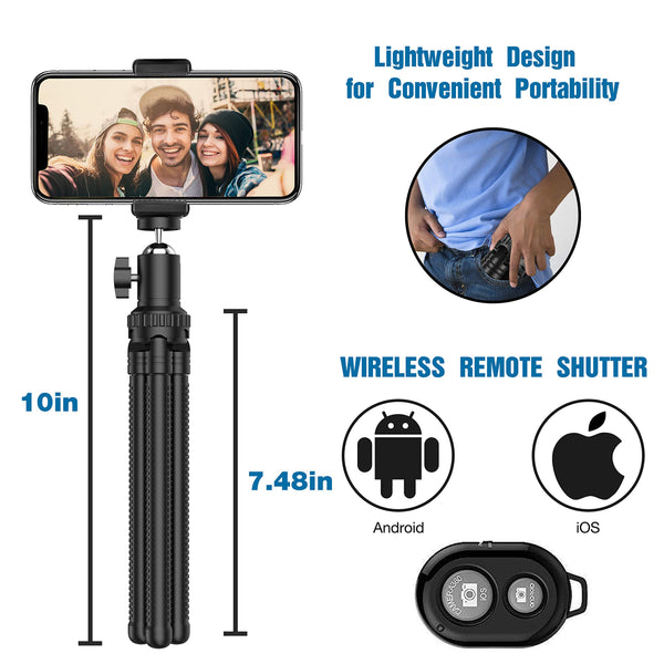 Flexible Cell Phone Tripod & Adjustable Camera Stand Holder with Wireless Remote for iPhone, Samsung, Android Phones and GoPro